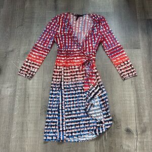 BCBG Maxazria Stylish Red and Blue Patterned Geometric Long Sleeve Wrap Dress